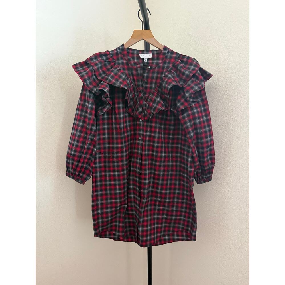 New something navy ruffle plaid button up dress long sleeve sz XS $165 - Picture 5 of 9